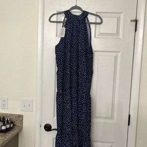 Long Navy and White polka dot dress.